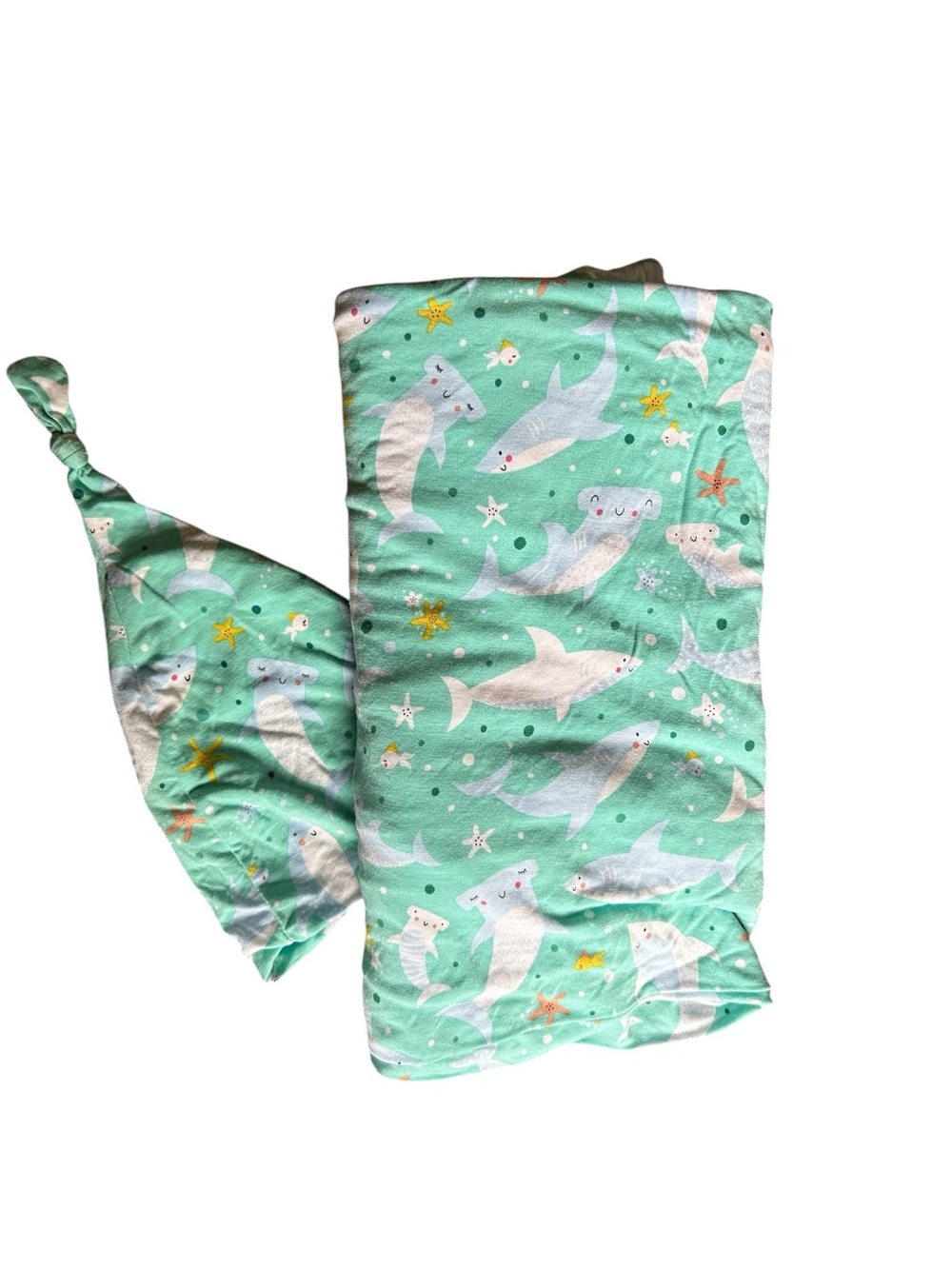Little Sleepies Shark soirée,  Swaddle and Knot Hat Set - Mint Shark Print